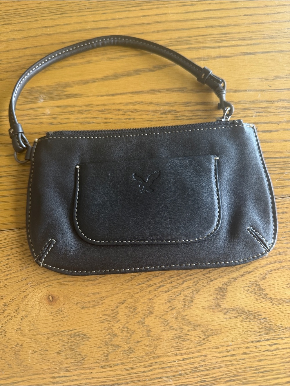 American Eagle Outfitters Black Leather Wristlet Clutch with Contrast Stitching